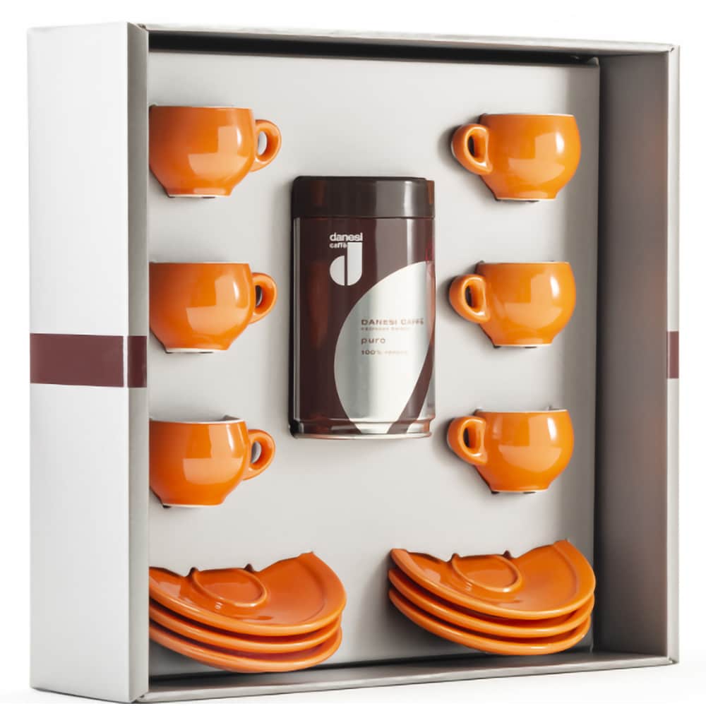 Set cafea macinata DANESI CAFFE 250g + 6 cesti espresso, portocaliu