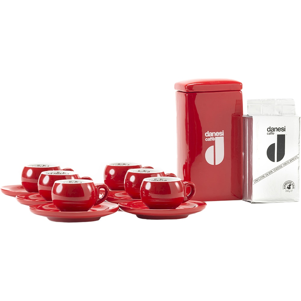 Set cafea macinata DANESI CAFFE 250g + cutie ceramica + 6 cesti espresso, rosu