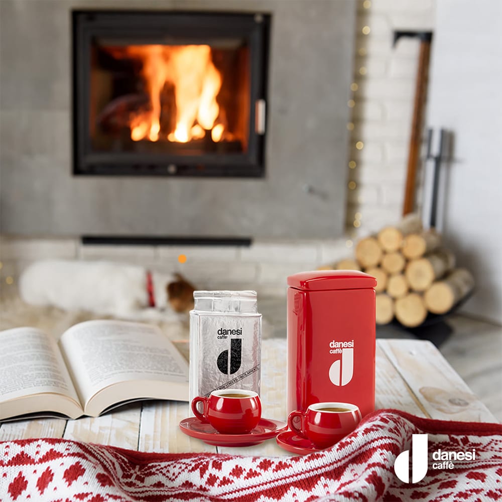 Set cafea macinata DANESI CAFFE 250g + cutie ceramica + 6 cesti espresso, rosu