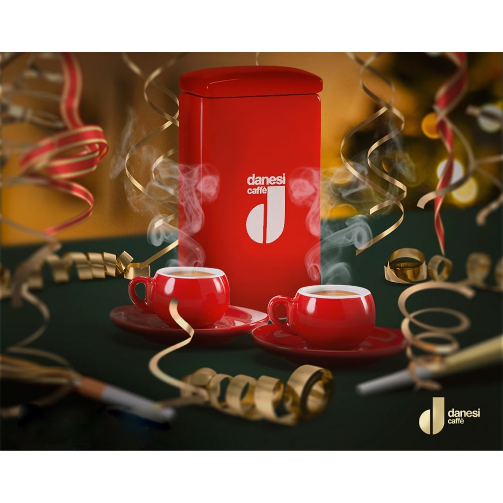 Set cafea macinata DANESI CAFFE 250g + cutie ceramica + 6 cesti espresso, rosu
