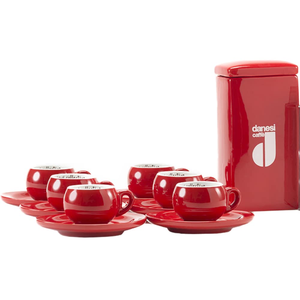 Set cutie ceramica + 6 cesti espresso DANESI CAFFE, rosu