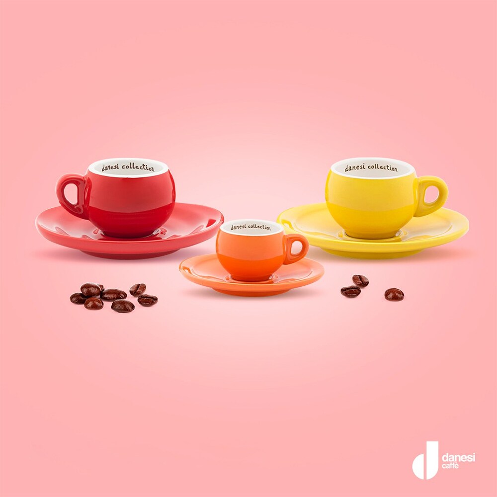 Set cafea macinata DANESI CAFFE 250g + cutie ceramica + 6 cesti espresso, portocaliu