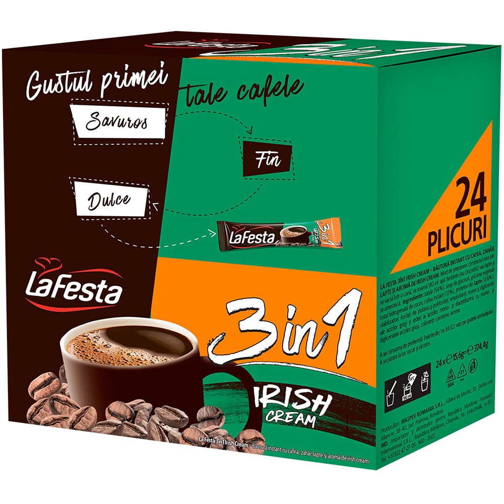 Cafea instant LA FESTA 3 in 1 Irish Cream, 6 bucati, 374.4g