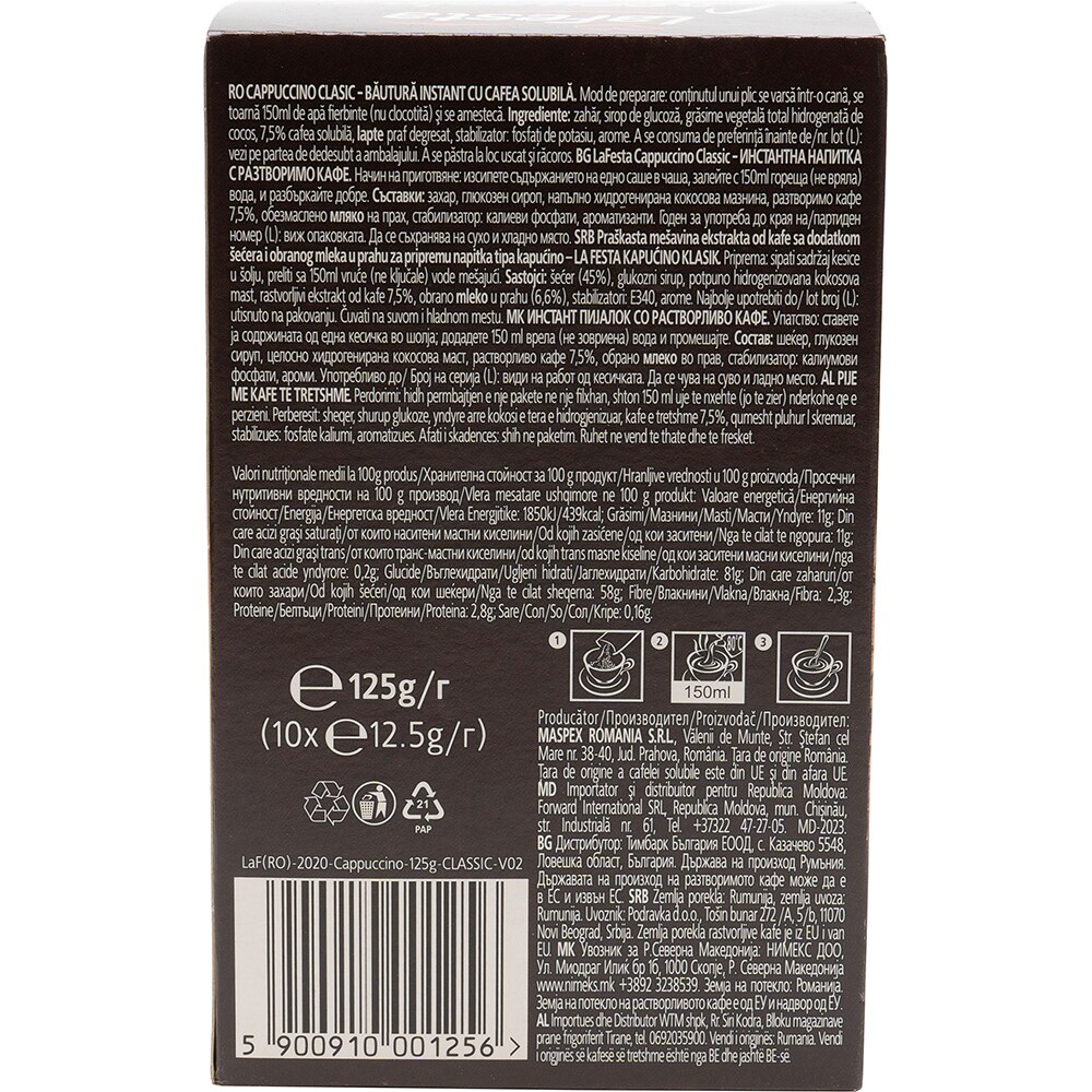 Cafea instant LA FESTA Cappuccino Classic, 8 bucati, 125g