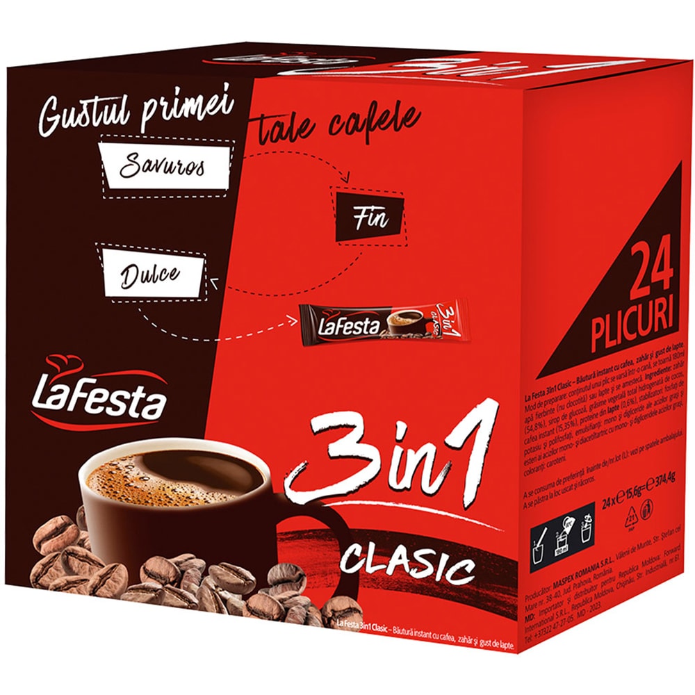 Cafea instant LA FESTA 3 in 1 Classico, 6 bucati, 374.4g