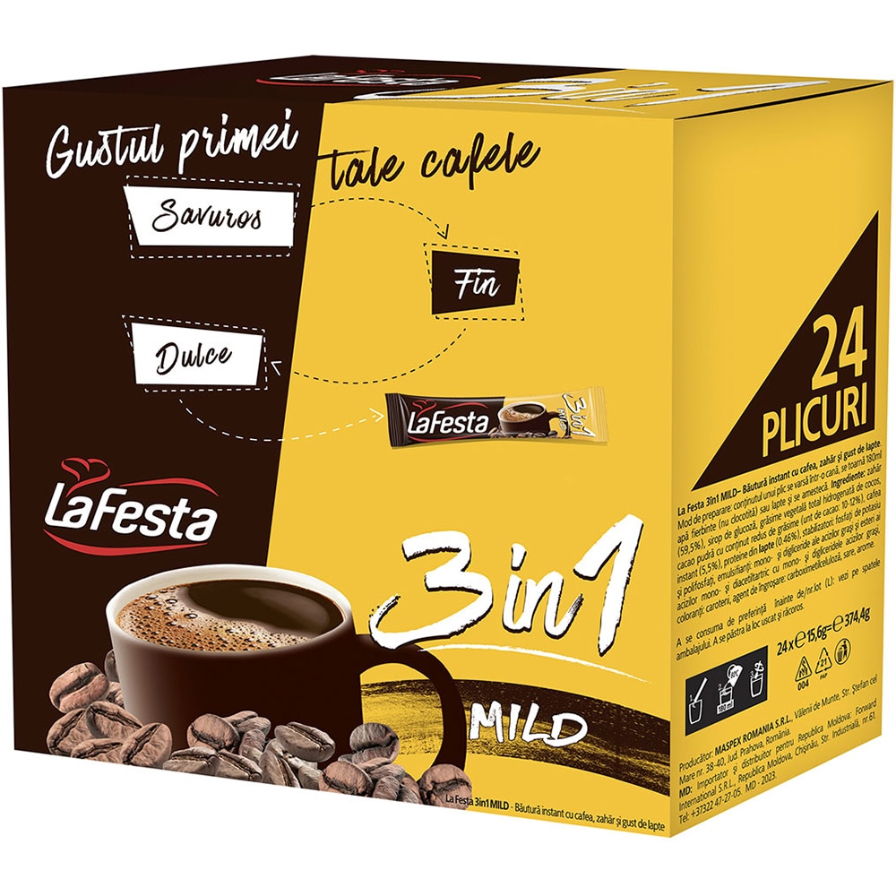 Cafea instant LA FESTA 3 in 1 Mild, 6 bucati, 374.4g