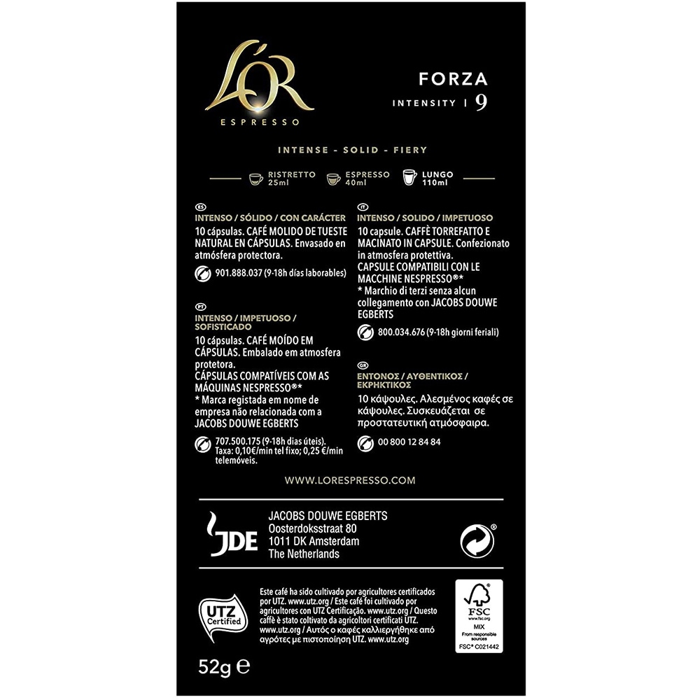 Capsule cafea L'OR Espresso Forza, compatibile Nespresso, 10 capsule, 52g