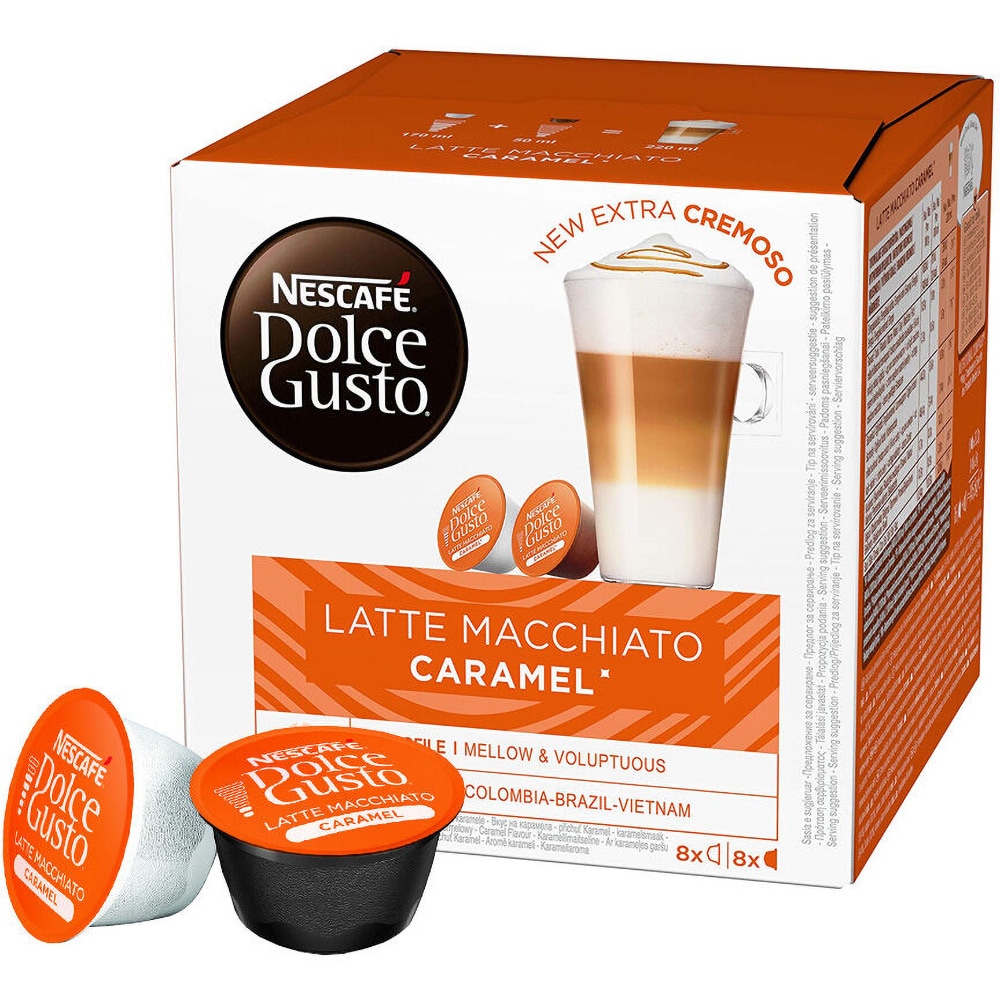 Capsule cafea NESCAFE Caramel Macchiato, compatibile Dolce Gusto, 8 capsule cafea + 8 capsule lapte, 168.8g