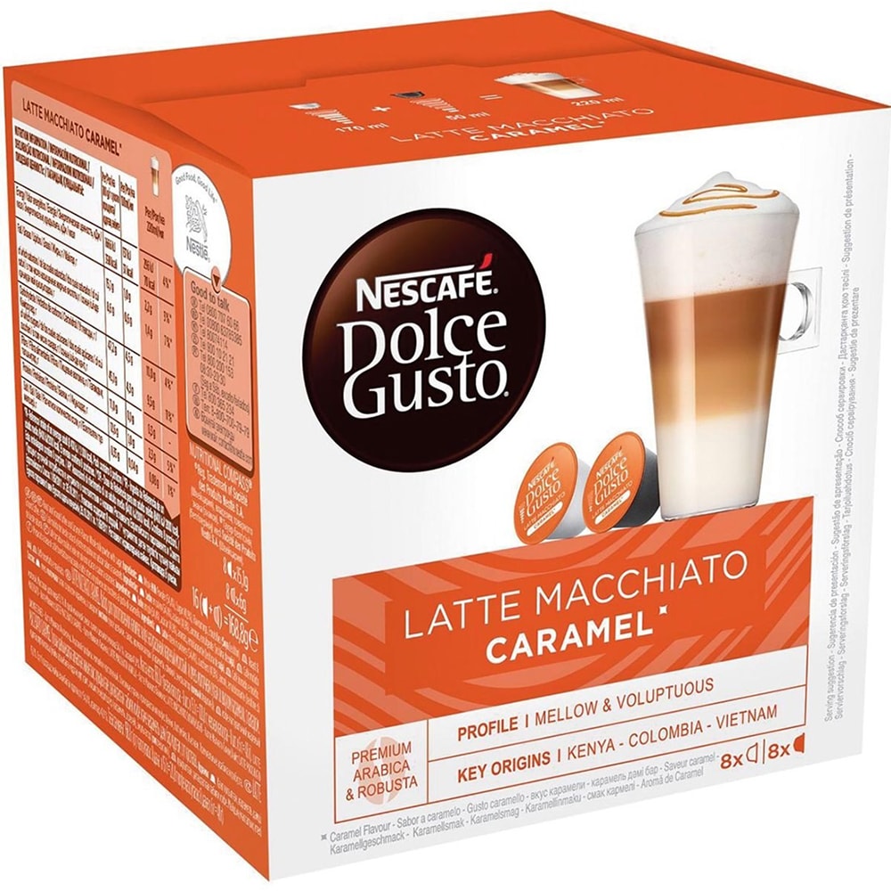 Capsule cafea NESCAFE Caramel Macchiato, compatibile Dolce Gusto, 8 capsule cafea + 8 capsule lapte, 168.8g