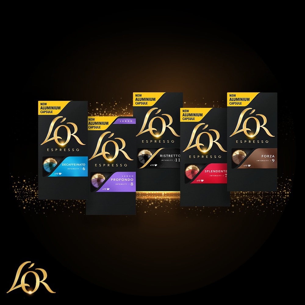 Pachet capsule cafea L'OR 10 buc Espresso Splendente + 10 buc Lungo Profondo + 10 buc Espresso Decaffeinato + 10 buc Espresso Forza + 10 buc Espresso Ristretto, 260g