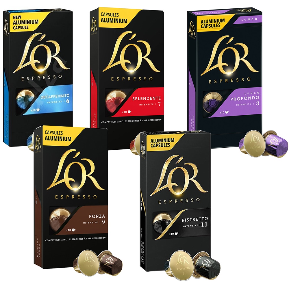 Pachet capsule cafea L'OR 10 buc Espresso Splendente + 10 buc Lungo Profondo + 10 buc Espresso Decaffeinato + 10 buc Espresso Forza + 10 buc Espresso Ristretto, 260g