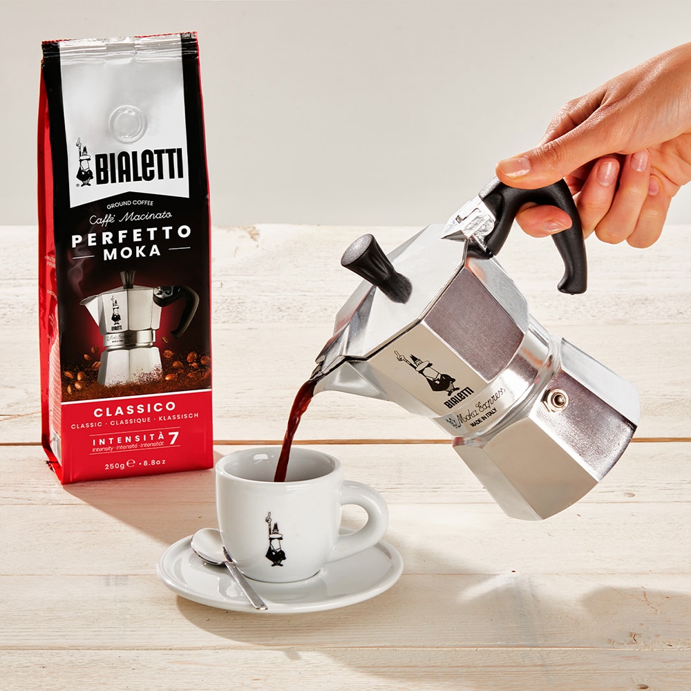 Pachet cafea macinata BIALETTI Perfetto Classico 250g + Cafetiera Moka Express 6tz