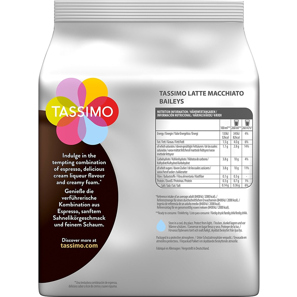Capsule cafea JACOBS Baileys Latte Macchiato, compatibile Tassimo, 8 capsule cafea + 8 capsule lapte, 264g