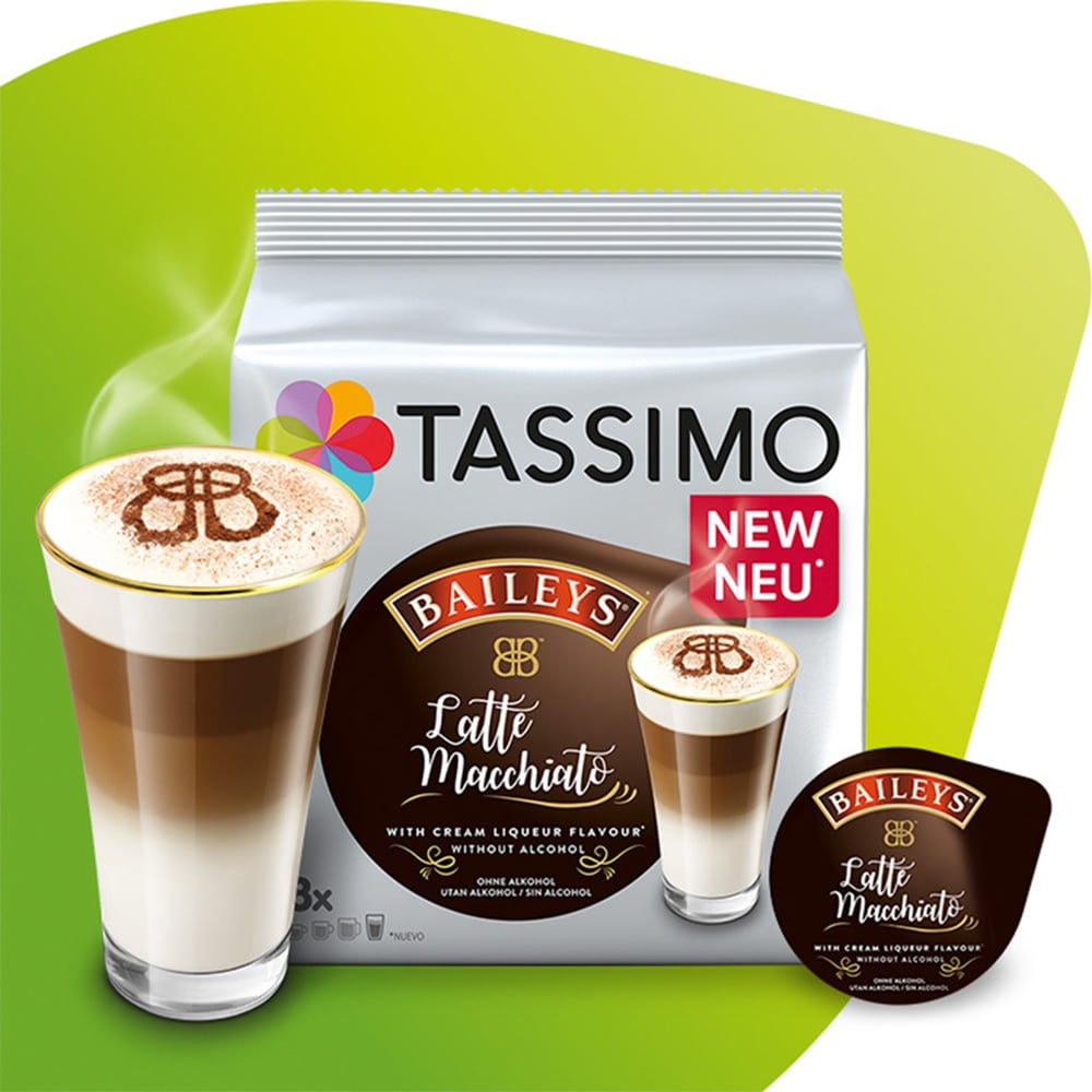 Capsule cafea JACOBS Baileys Latte Macchiato, compatibile Tassimo, 8 capsule cafea + 8 capsule lapte, 264g