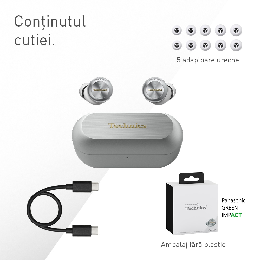 Casti TECHNICS EAH-AZ100E-S, True Wireless, Bluetooth, In-ear, Microfon, Noise Cancelling, Carcasa incarcare wireless, argintiu