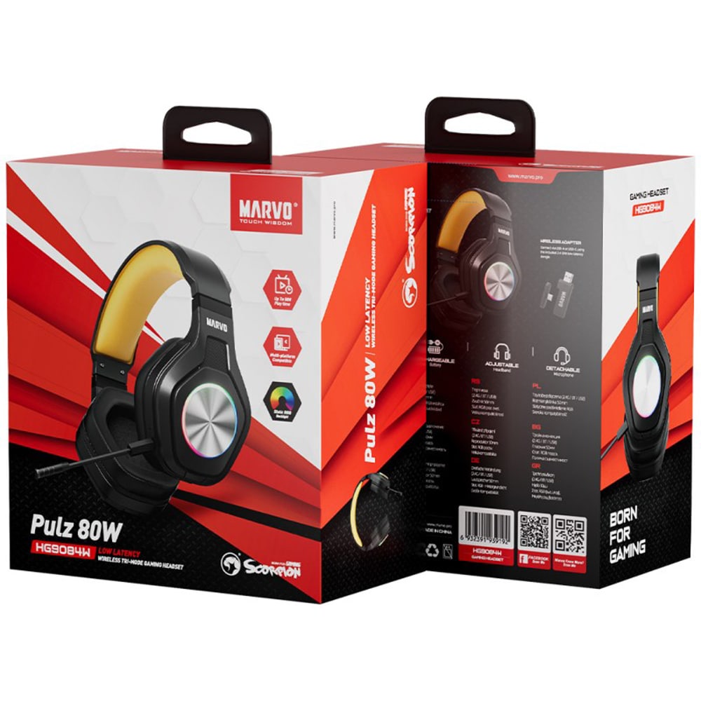 Casti Gaming Wireless MARVO HG9084W Pulz 80W, multiplatforma, stereo, 3.5mm, negru