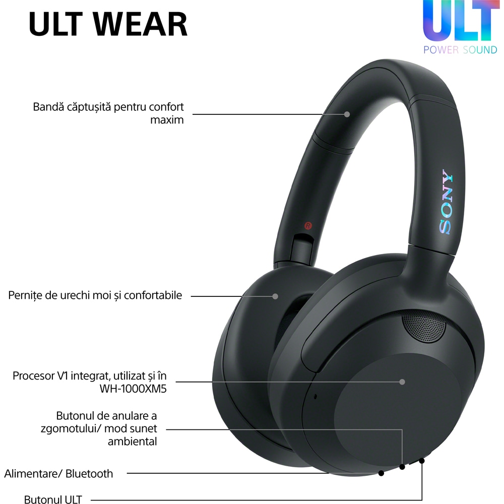 Casti SONY ULT WEAR WH-ULT900NB, Bluetooth, Over-ear, Microfon, Noise Cancelling, Black