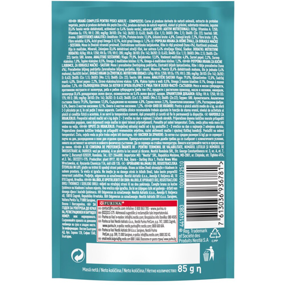 Hrana umeda pentru pisici PURINA ONE Indoor, Ton si fasole verde, 26 x 85 g