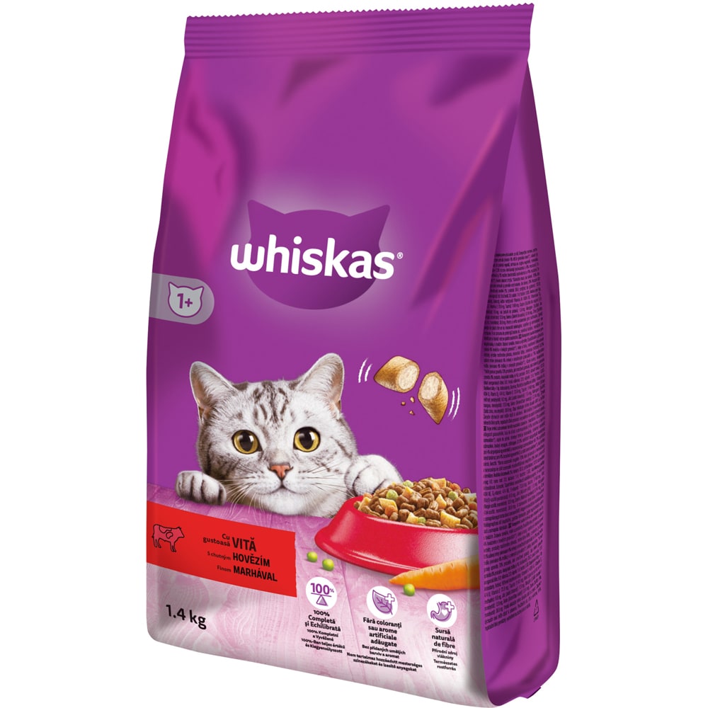 Hrana uscata pentru pisici WHISKAS, Adult, Vita, 1.4 kg