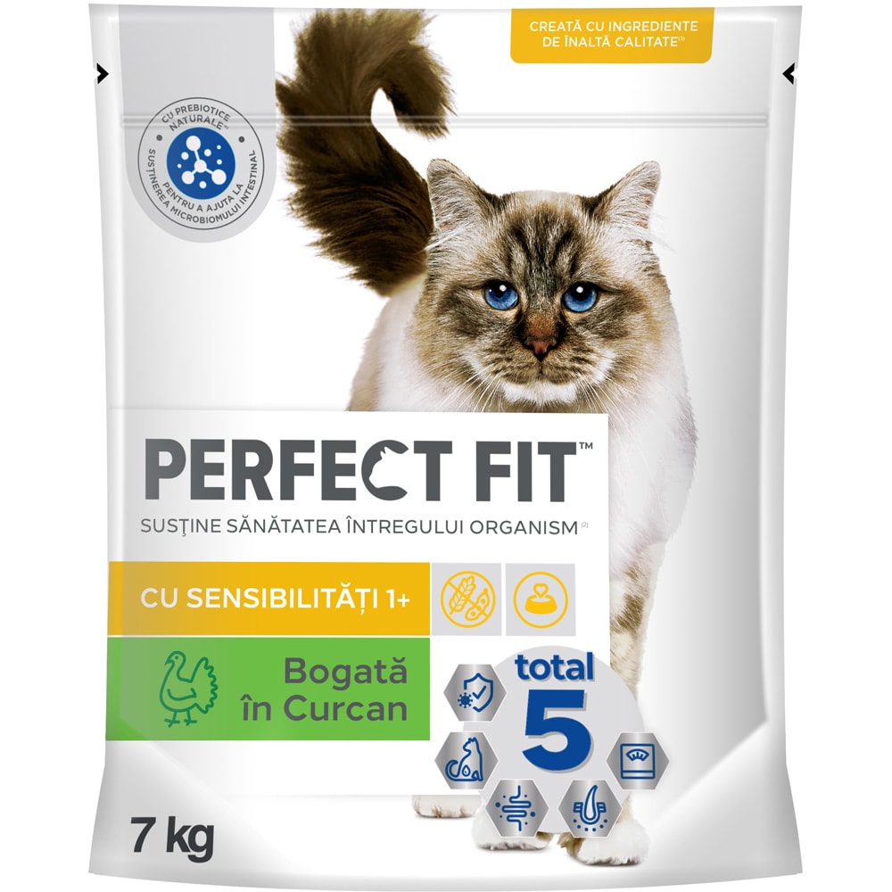 Hrana uscata pentru pisici PERFECT FIT Sensitive 1+, Curcan, 7 kg
