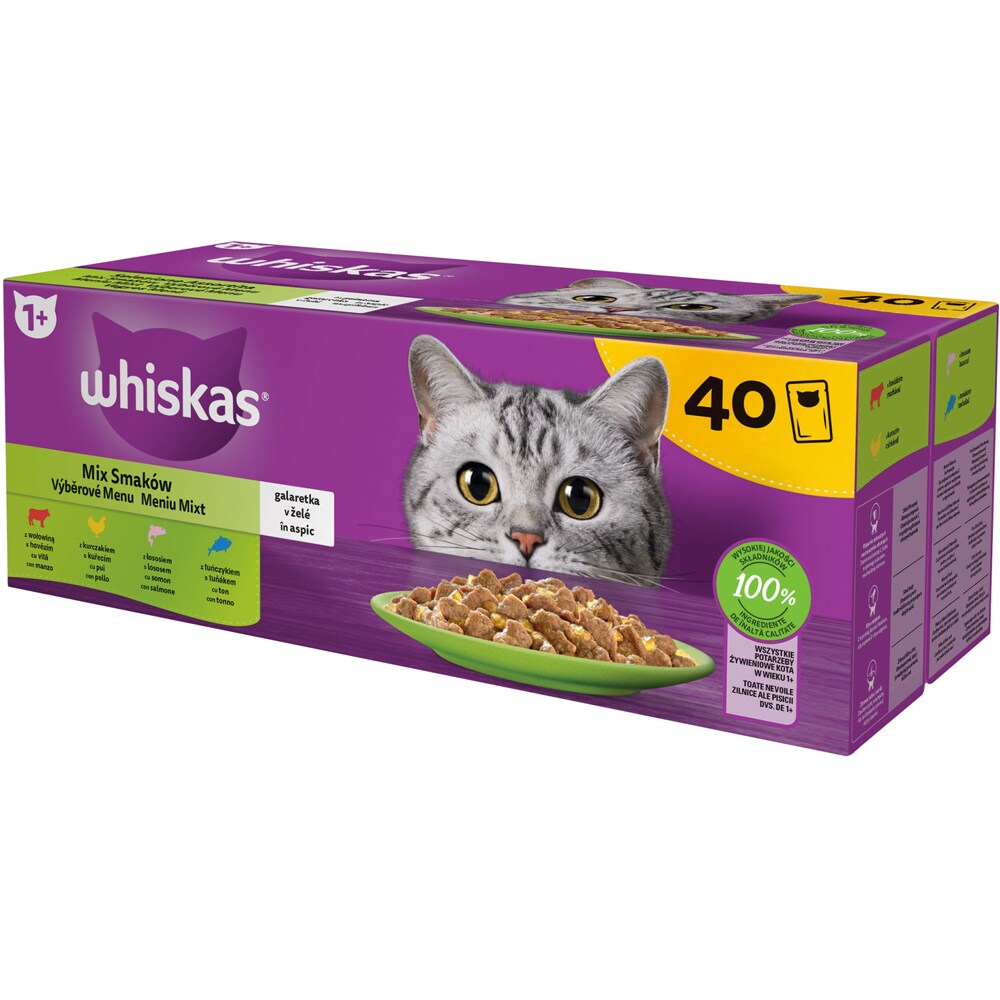Hrana umeda pentru pisici WHISKAS Meniu Mixt, Adult, Carne in aspic, 40 x 85g