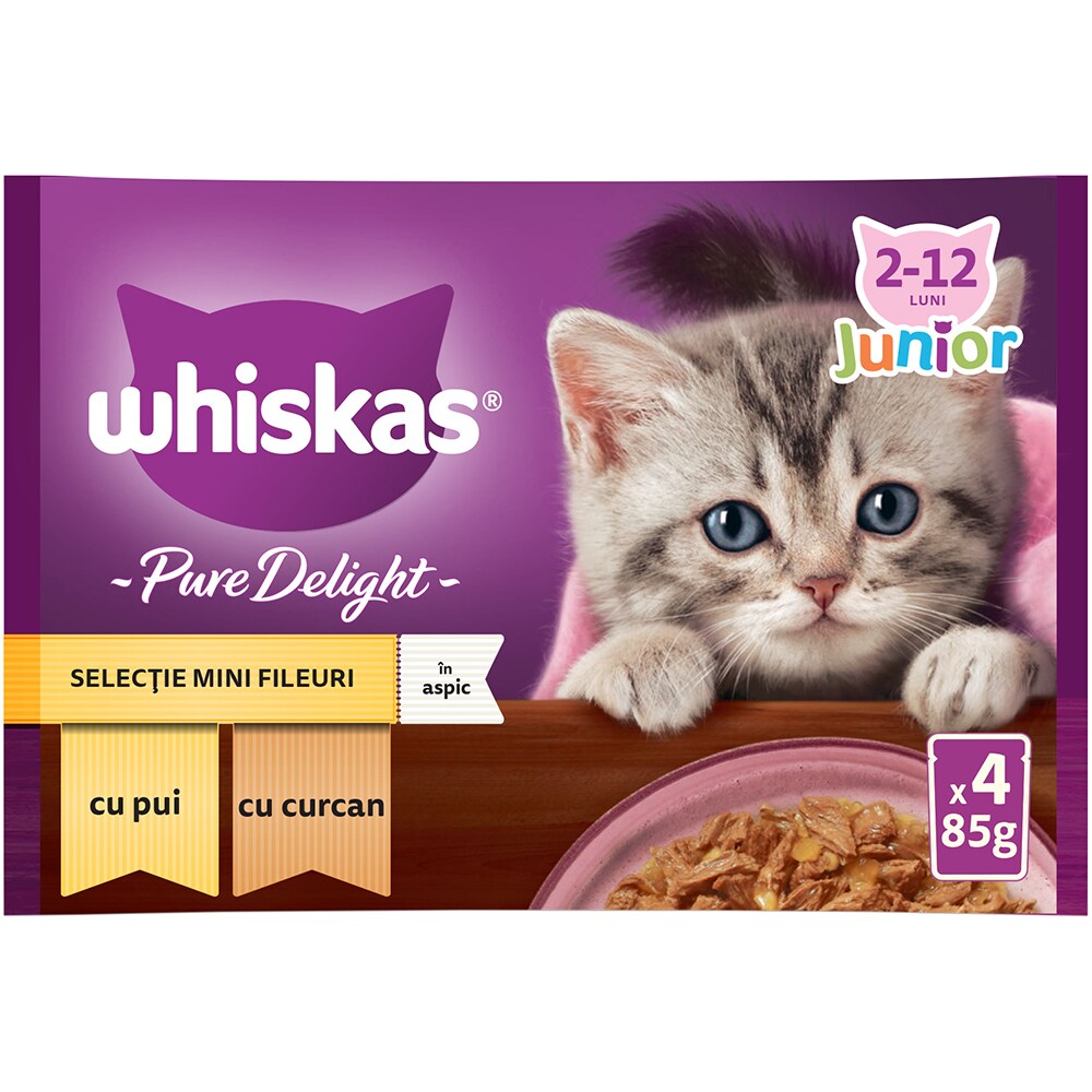 Hrana umeda pentru pisici WHISKAS Pure Delight, Junior, Pui si curcan, 13 x 4 x 85g