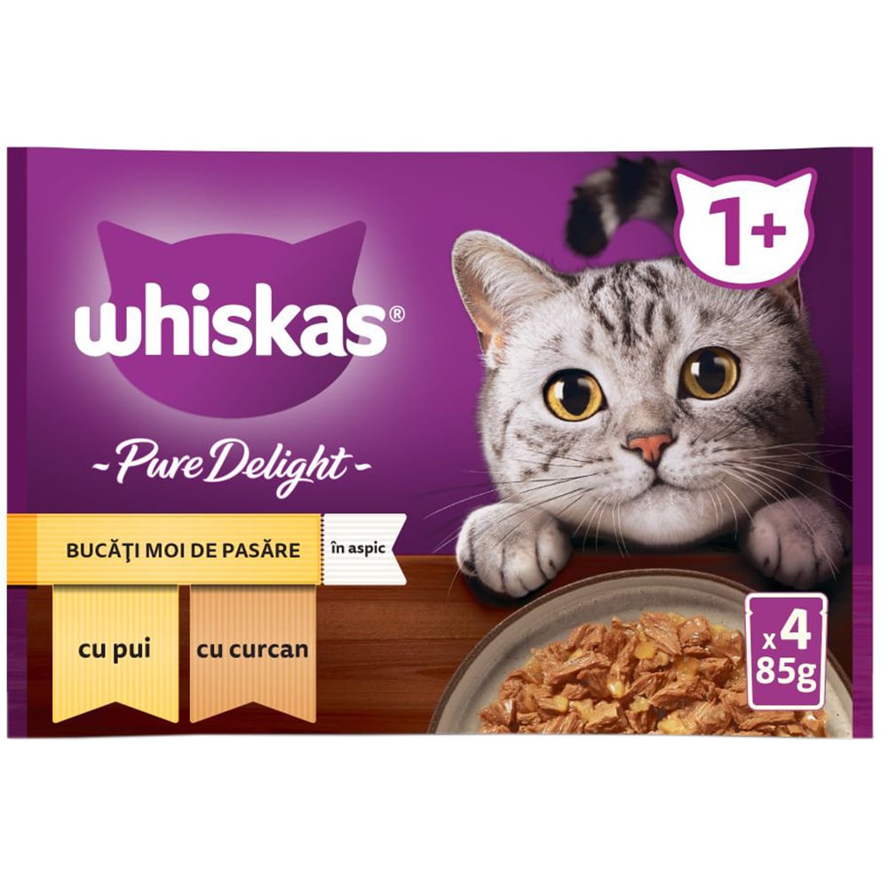 Hrana umeda pentru pisici WHISKAS Pure Delight, Adult, Pui si curcan, 13 x 4 x 85g