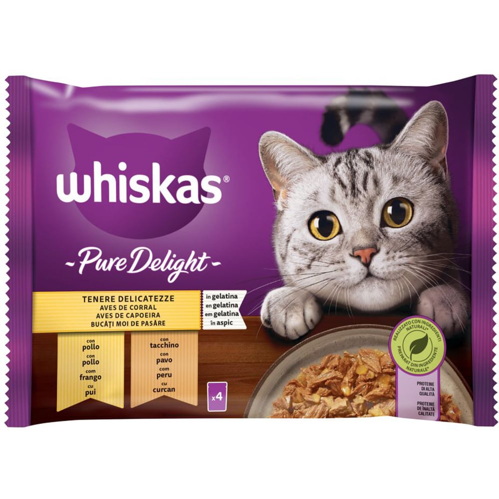 Hrana umeda pentru pisici WHISKAS Pure Delight, Adult, Pui si curcan, 13 x 4 x 85g