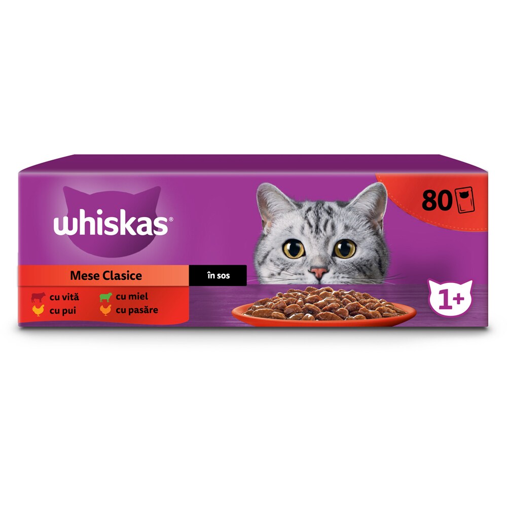 Hrana umeda pentru pisici WHISKAS Mese Clasice, Adult, Mix in sos, 80 x 85g