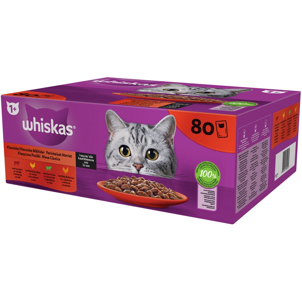 Hrana umeda pentru pisici WHISKAS Mese Clasice, Adult, Mix in sos, 80 x 85g