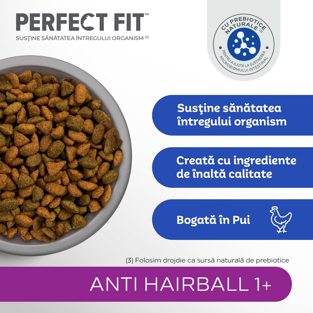 Hrana uscata pentru pisici PERFECT FIT Anti-Hairball 1+, Adult, Pui, 1.4 kg