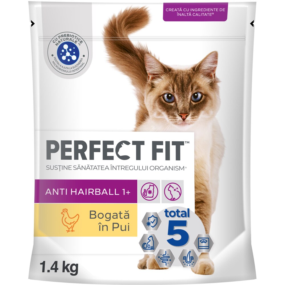 Hrana uscata pentru pisici PERFECT FIT Anti-Hairball 1+, Adult, Pui, 1.4 kg