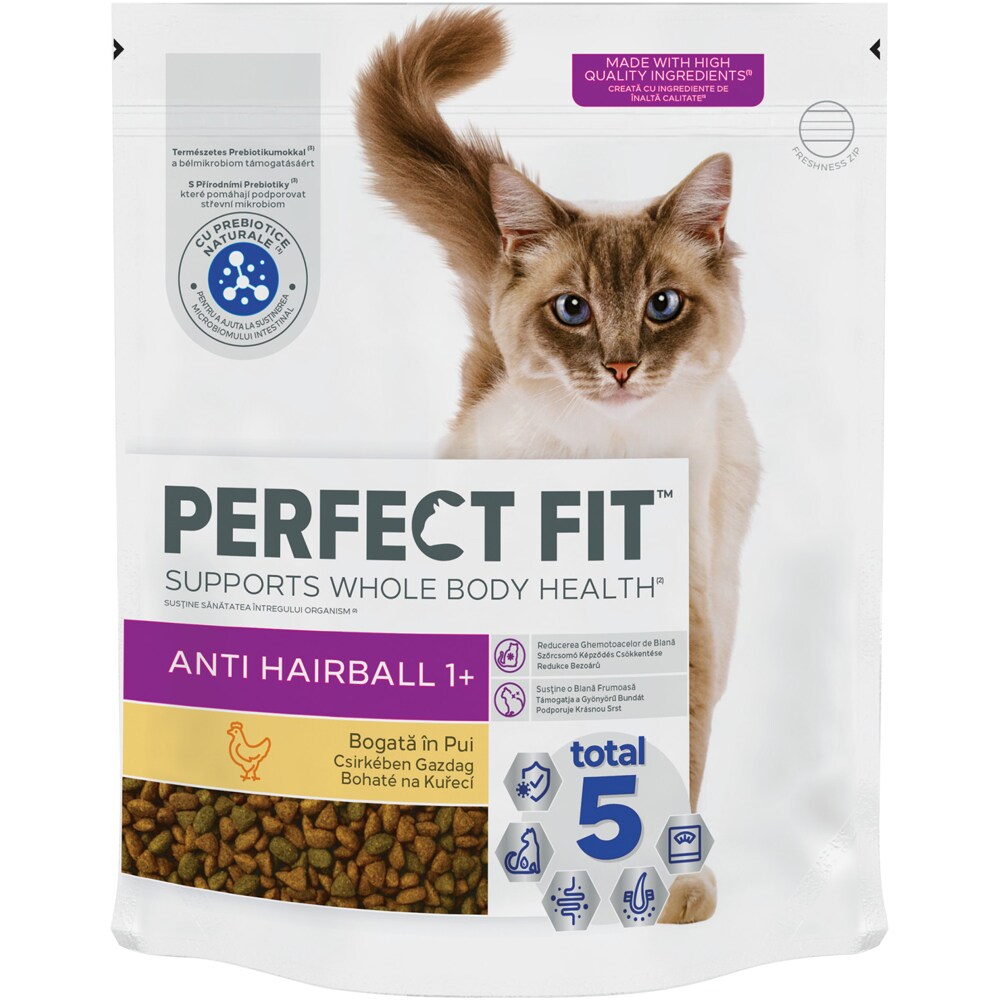 Hrana uscata pentru pisici PERFECT FIT Anti-Hairball 1+, Adult, Pui, 1.4 kg