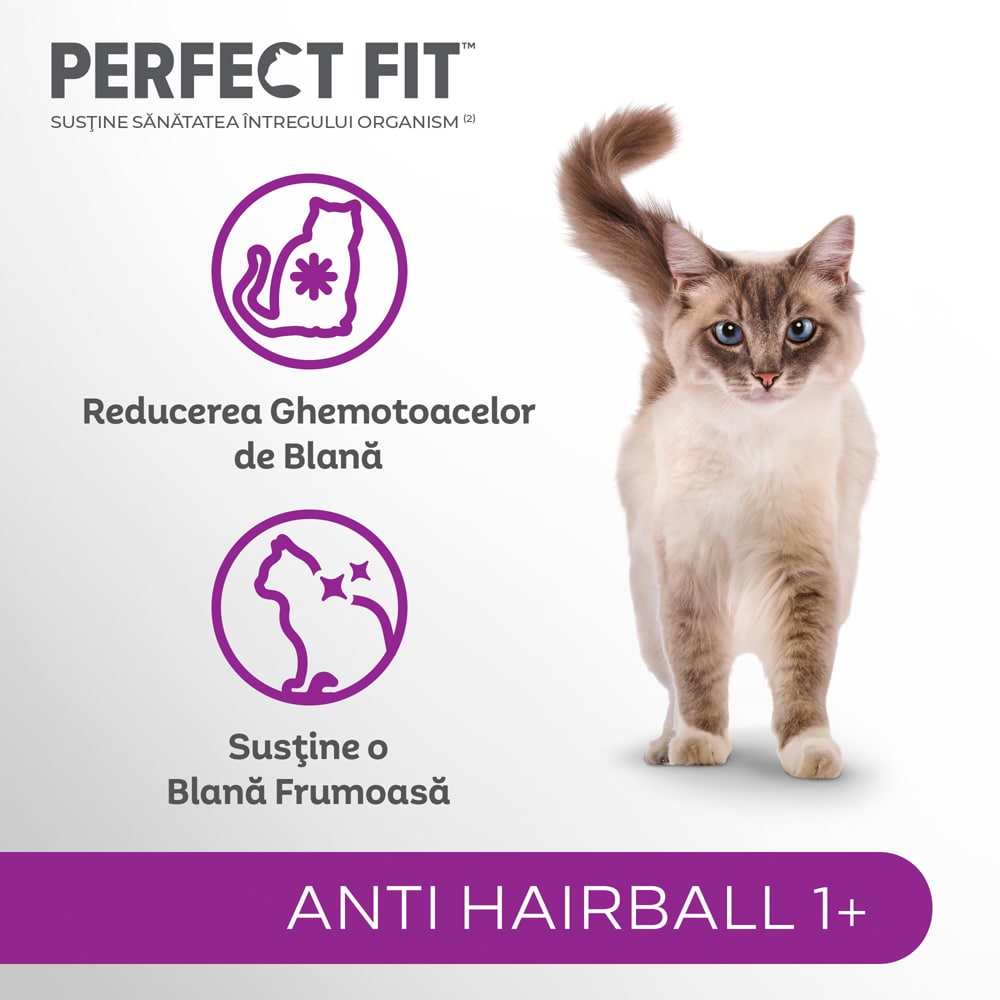 Hrana uscata pentru pisici PERFECT FIT Anti-Hairball 1+, Adult, Pui, 1.4 kg