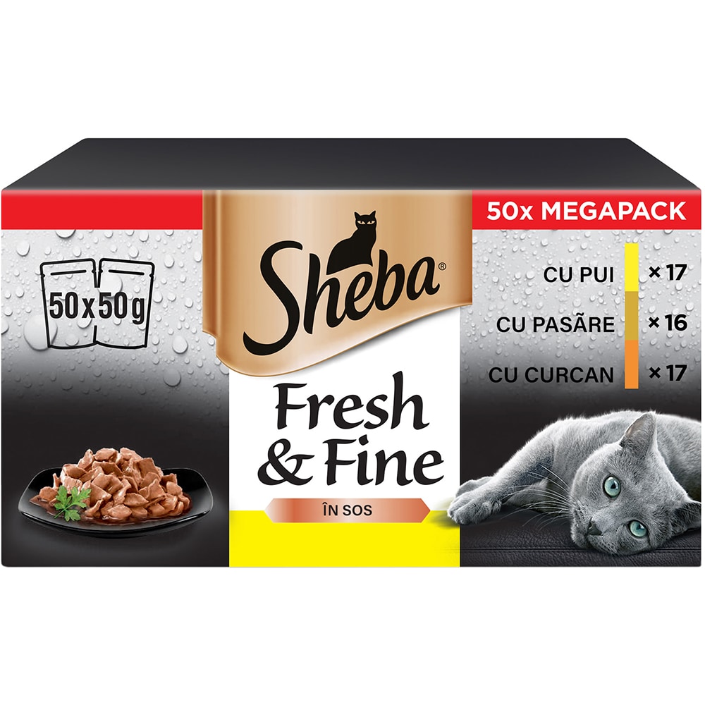 Hrana umeda pentru pisici SHEBA Fresh & Fine, Adult, Mix in sos, 50 x 50g