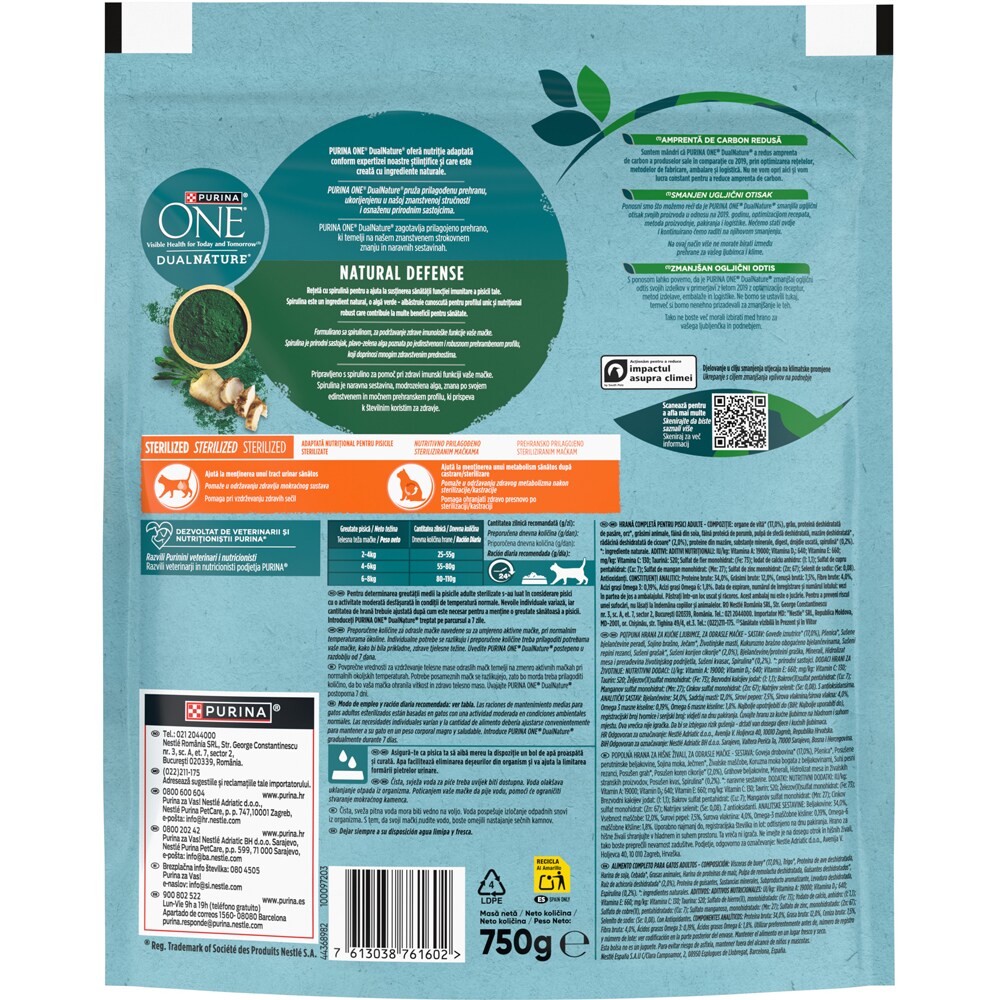 Hrana uscata pentru pisici PURINA ONE DualNature, Sterilized, Vita, 750 g