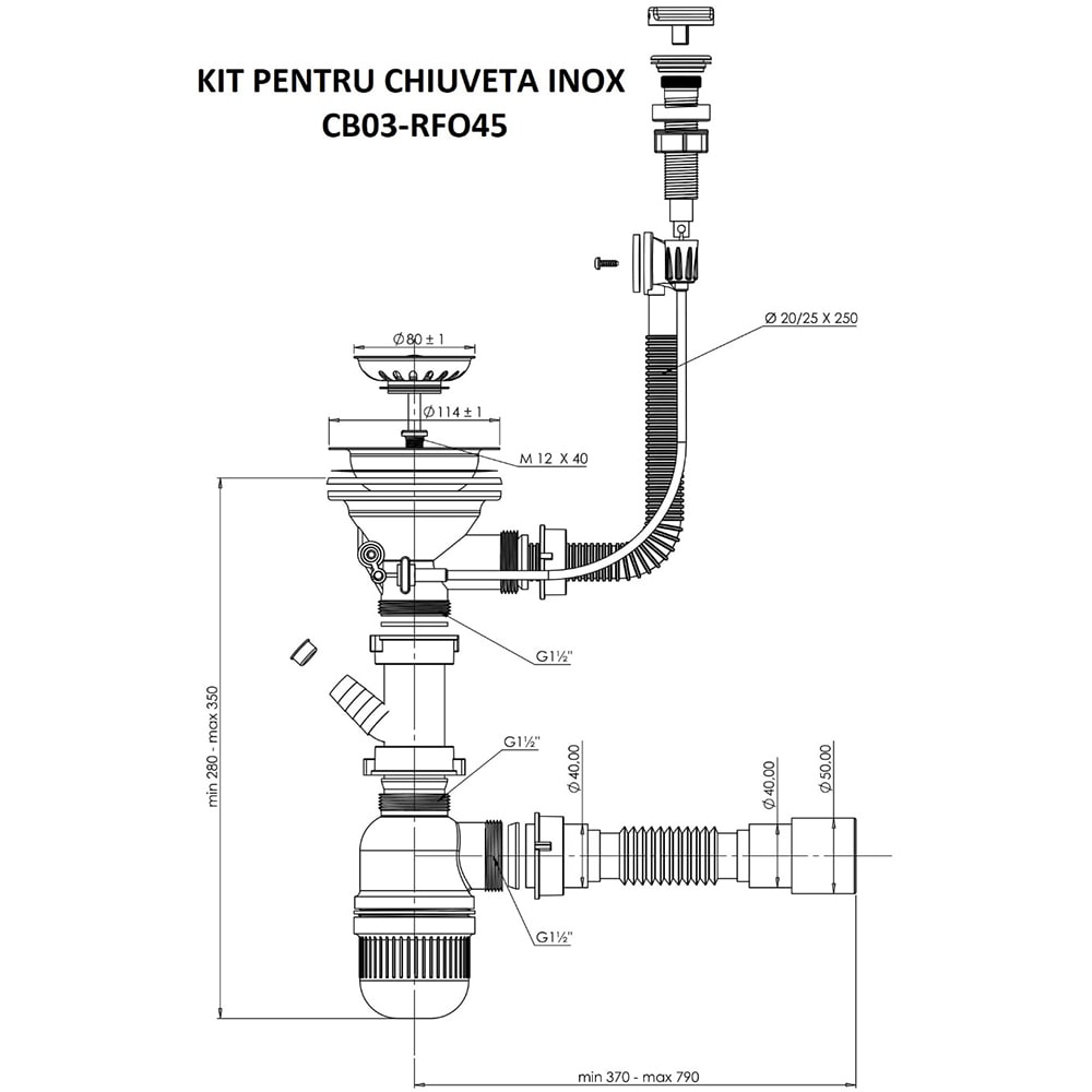 Kit scurgere chiuveta CB03 RFO45, plastic si inox, alb