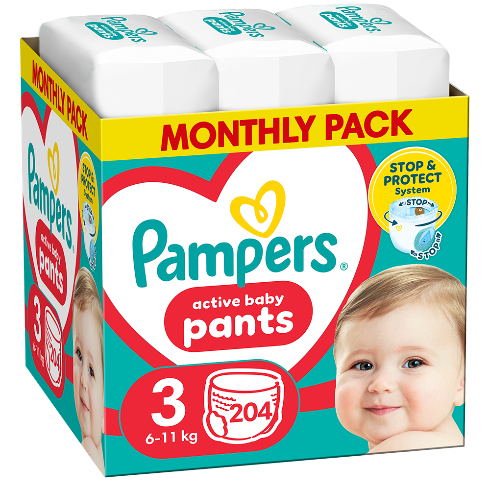Scutece chilotel PAMPERS Active Baby Pants XXL Box nr 3, Unisex, 6-11 kg, 204 buc