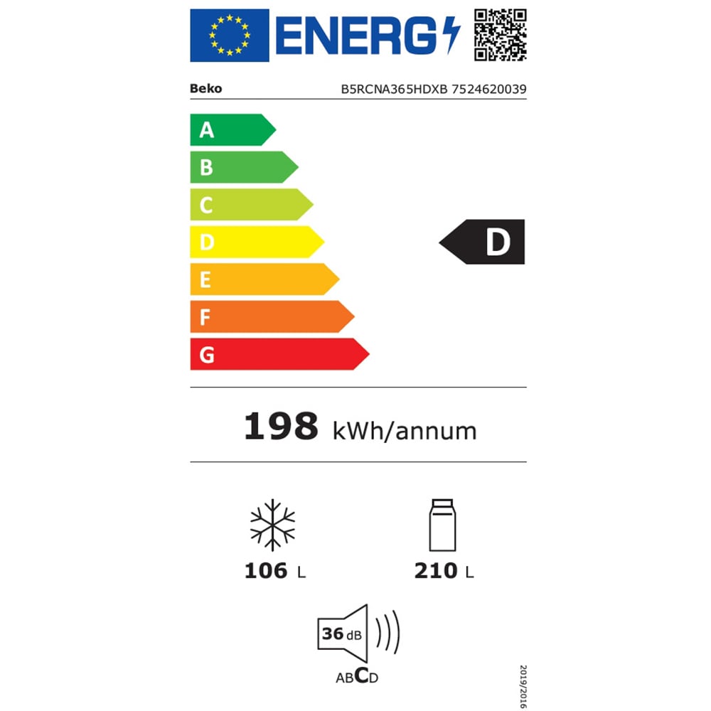 Combina frigorifica BEKO B5RCNA365HDXB, No Frost, 316 l, H 186.5 cm, Clasa D, Dozator apa, inox