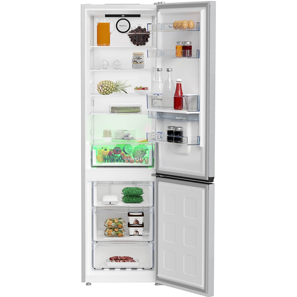 Combina frigorifica BEKO B5RCNA405HDM, No Frost, 355 l, H 203.5 cm, Clasa D, Dozator apa, gri lucios