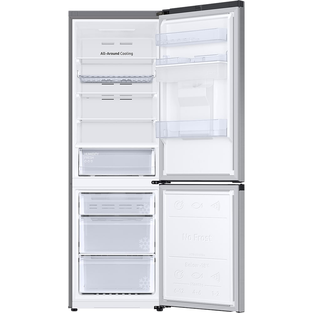Combina frigorifica SAMSUNG RB34C652ESA/EF, No Frost, 341 l, H 185 cm, Clasa E, Dozator apa, All-Around Cooling, argintiu