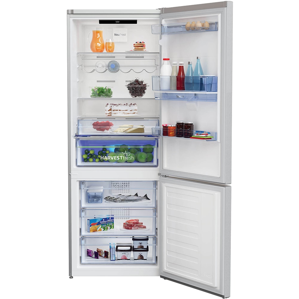 Combina frigorifica BEKO RCNE560E40DZMN, NeoFrost, 510 l, H 192 cm, Clasa E, Dozator apa, gri lucios
