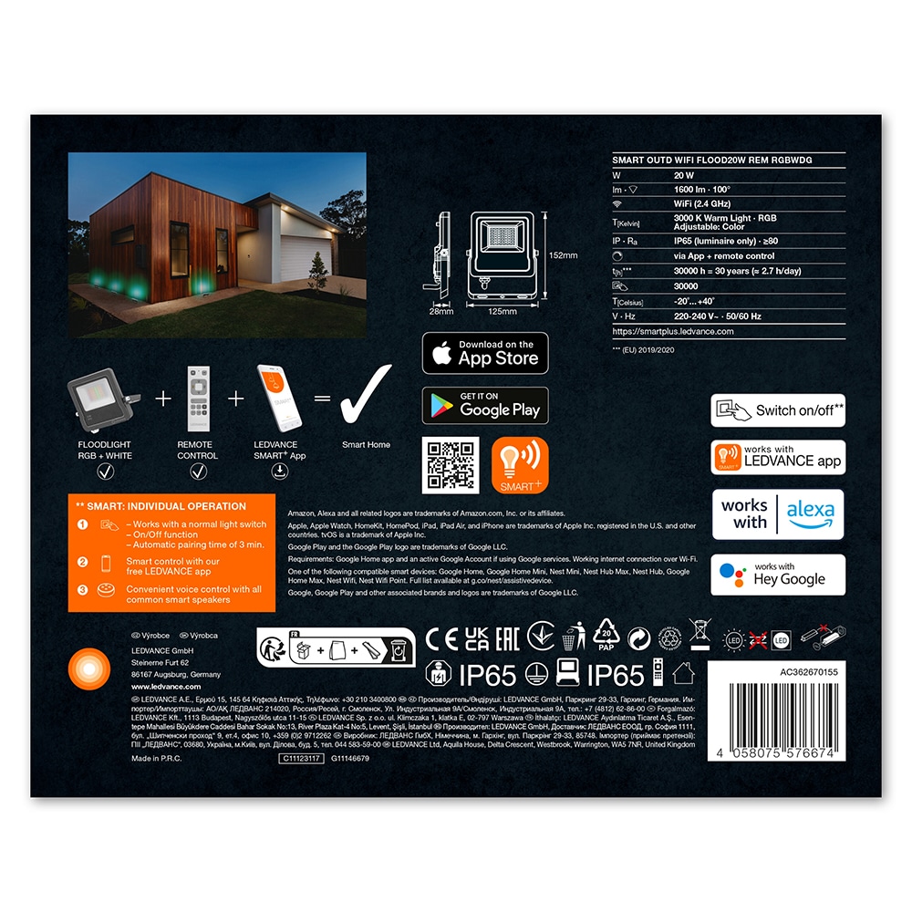 Proiector LED LEDVANCE Smart+, Wi-Fi, 20W, RGBW, 1260lm, IP65, gri