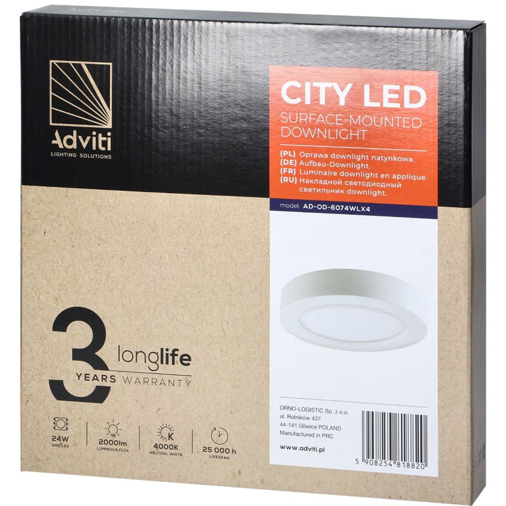 Plafoniera ADVITI AD-OD-6074WLX4, LED, 24W, 1900lm, IP20, alb