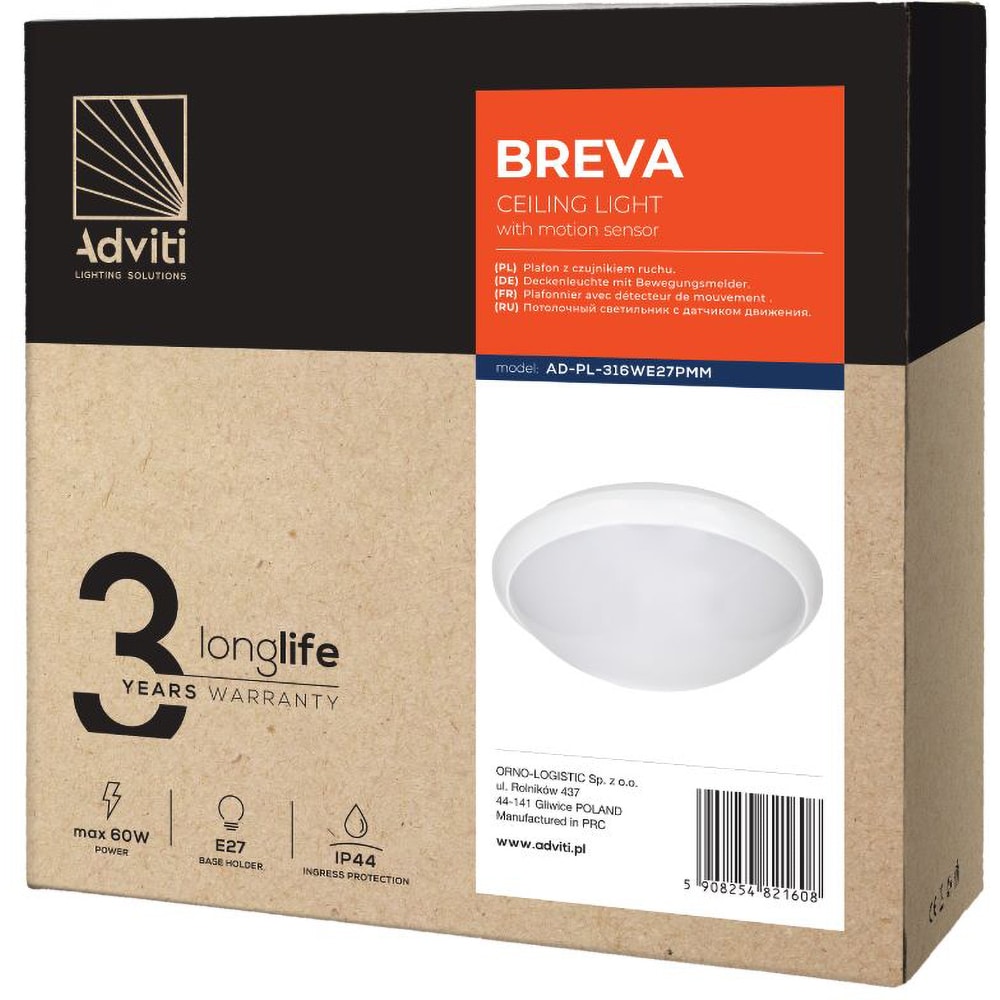 Plafoniera ADVITI AD-PL-316WE27PMM, E27, 60W, IP44, alb