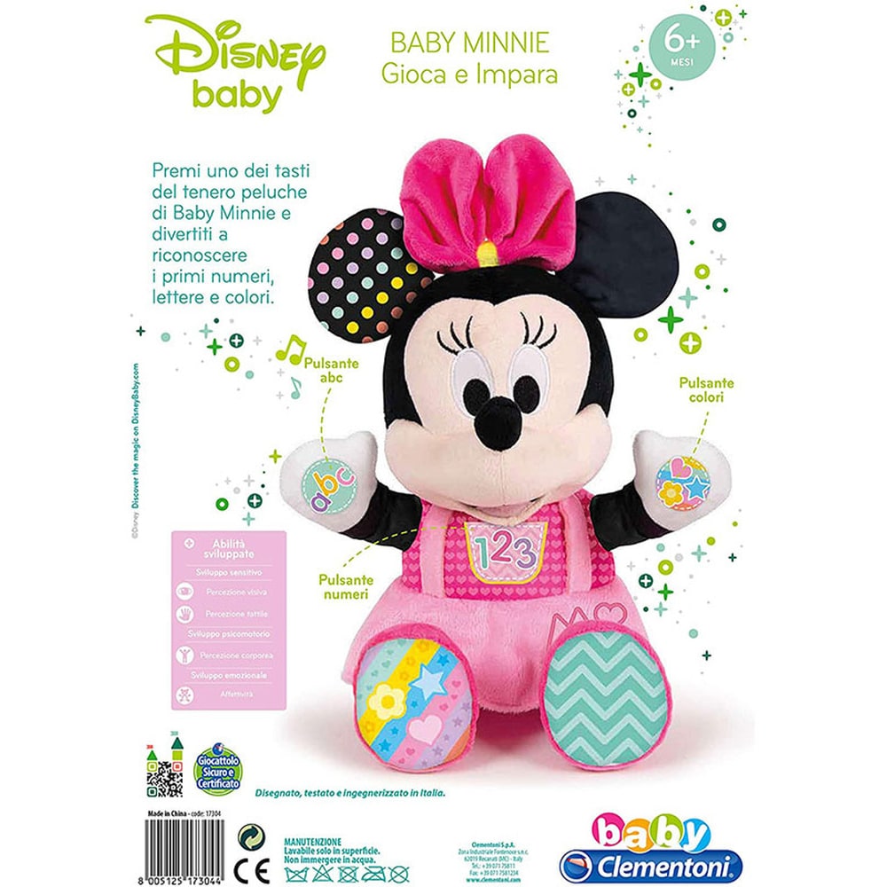 Jucarie de plus CLEMENTONI Minnie Mouse cu lumini si sunete CL17207, 6 luni+, roz-negru