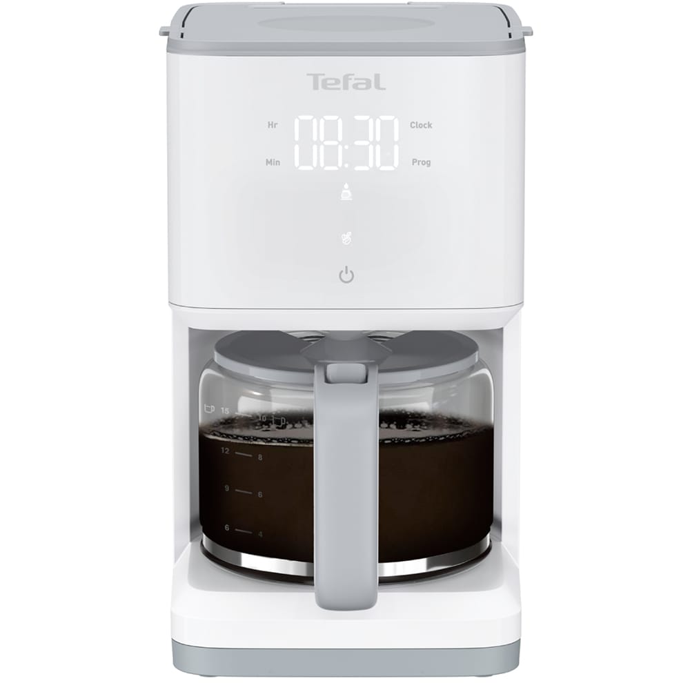 Cafetiera TEFAL Sense CM693110, 1.25l, 1000W, 15 cesti, ecran digital, alb-gri