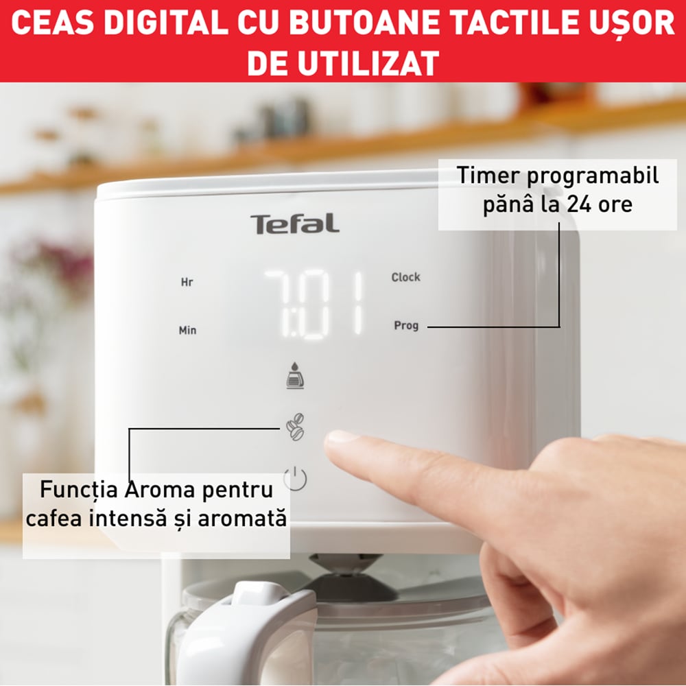 Cafetiera TEFAL Sense CM693110, 1.25l, 1000W, 15 cesti, ecran digital, alb-gri
