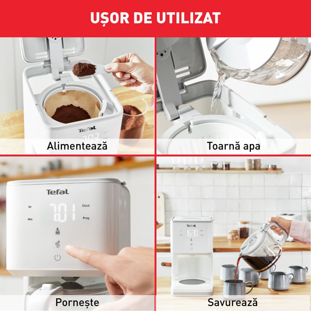 Cafetiera TEFAL Sense CM693110, 1.25l, 1000W, 15 cesti, ecran digital, alb-gri