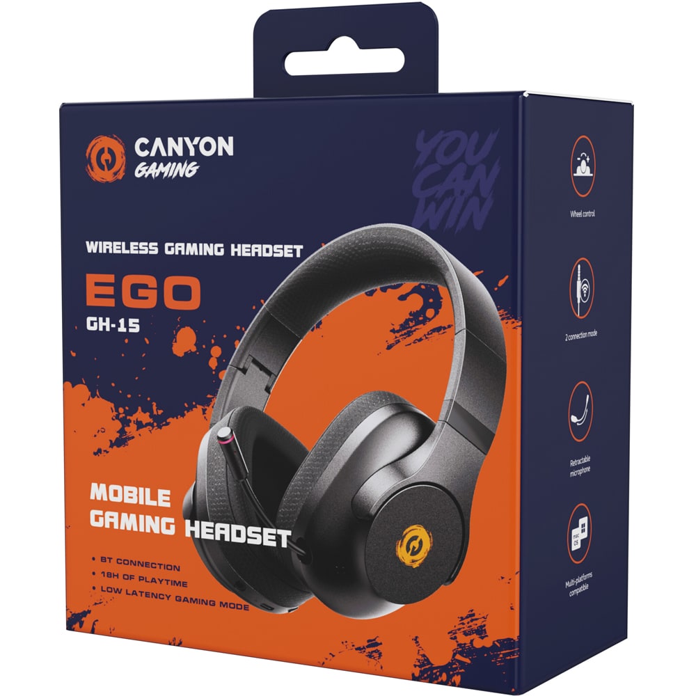 Casti Gaming Wireless CANYON Ego GH-15, stereo, multiplatforma, 3.5mm, negru